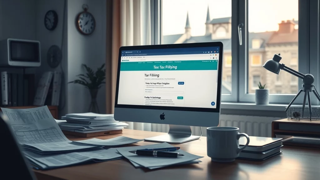 Bureau moderne avec ordinateur et documents de déclaration fiscale, ambiance d'urgence.