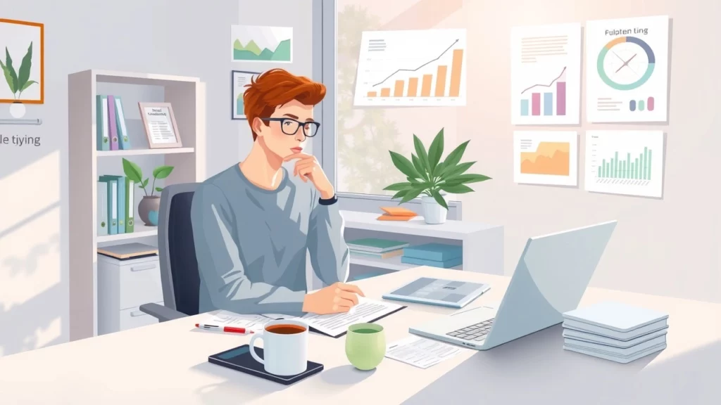 Une illustration d'un bureau à domicile serein où une personne planifie ses finances, avec des documents financiers et un ordinateur.