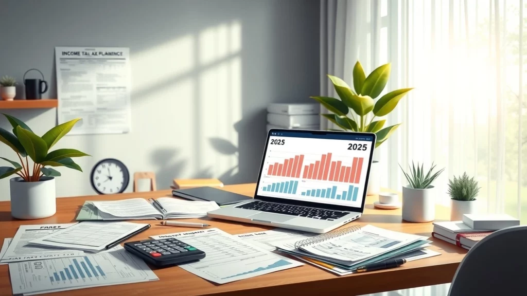 Une illustration d'un bureau moderne avec des documents fiscaux et un ordinateur, représentant la planification fiscale personnelle en 2025.