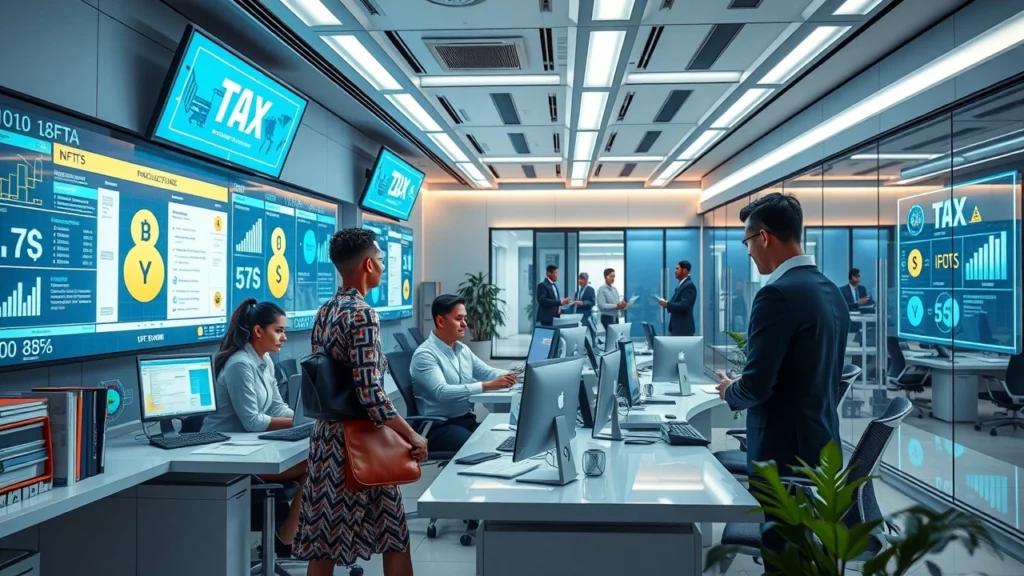 Une représentation photoréaliste d'un bureau fiscal futuriste en 2024, illustrant l'évolution des obligations fiscales face aux actifs numériques.