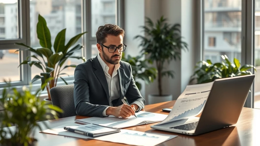 Une image illustrant un bureau moderne avec un professionnel analysant des documents fiscaux.