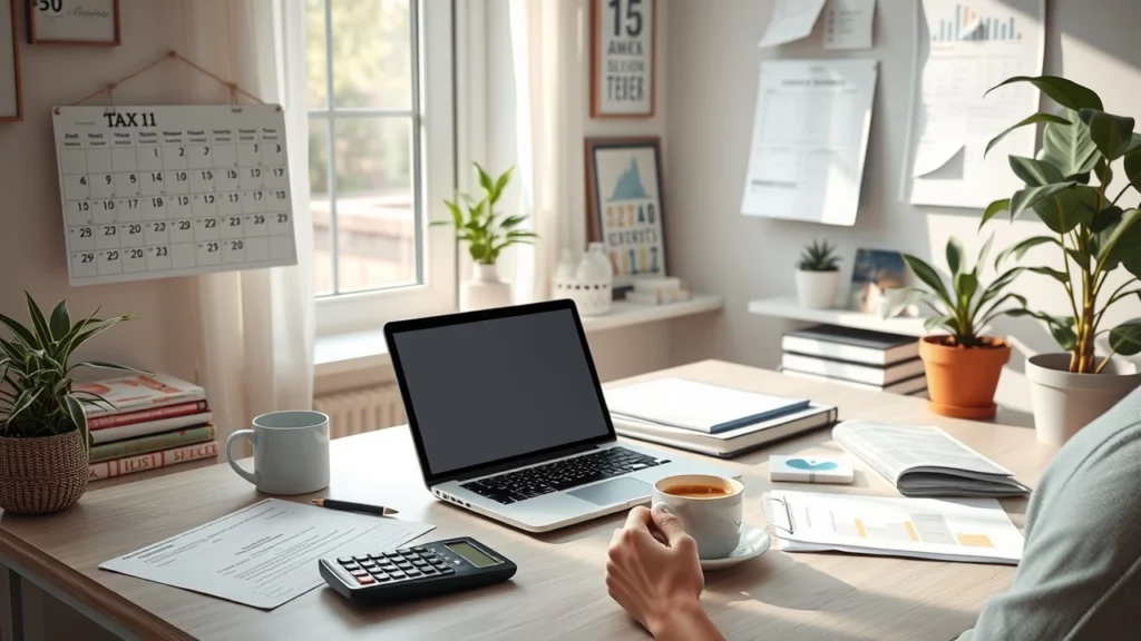 Un bureau à domicile serein où une personne harmonise ses dépenses mensuelles et obligations fiscales.