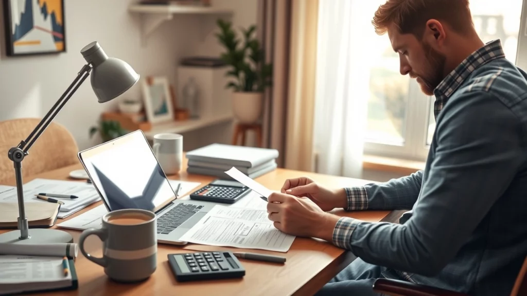 Bureau moderne avec une personne travaillant sur des declarations fiscales, ambiance de preparation urgente.