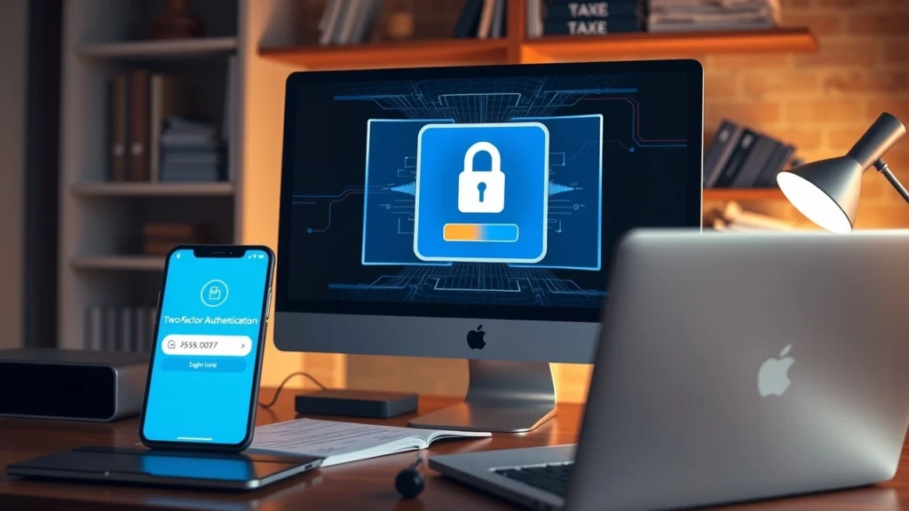 Bureau moderne montrant l'authentification à deux facteurs pour les impôts en ligne.