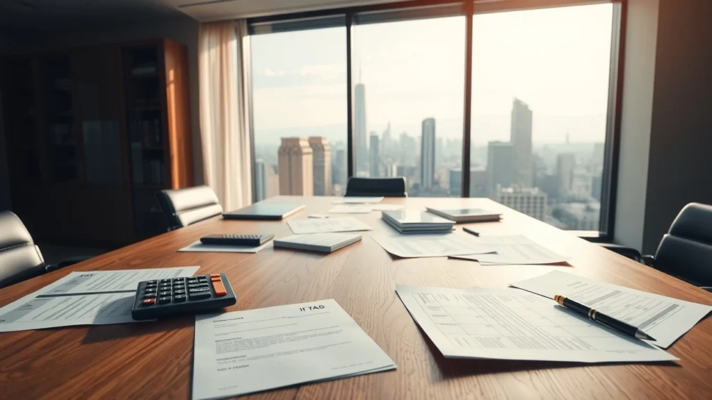 Une illustration photoréaliste d'un bureau moderne avec des documents fiscaux et des calculatrices, symbolisant les révisions fiscales face à l'inflation.