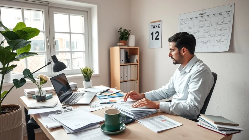 Un bureau calme et organise avec un professionnel travaillant sur des documents financiers.
