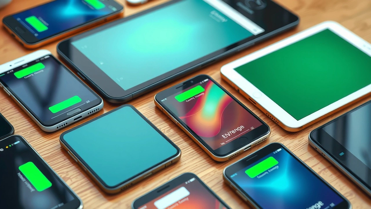 collection de smartphones et tablettes avec etiquettes energetiques