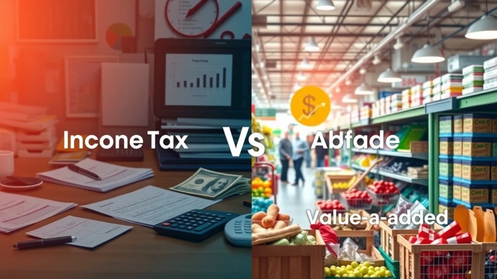 Une illustration comparant l'impôt sur le revenu et la taxe sur la valeur ajoutée, mettant en avant la gestion financière.