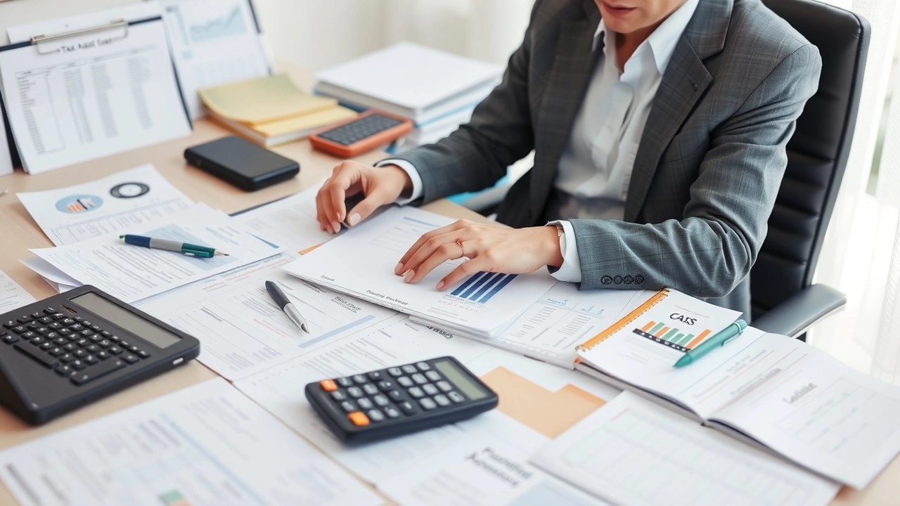 conseiller fiscal avec documents et calculatrice sur le bureau