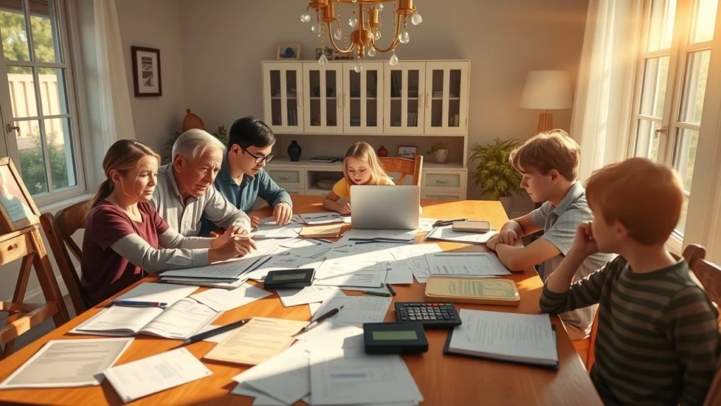 Une famille discutant des changements fiscaux autour d'une table, avec des documents et un ordinateur portable.
