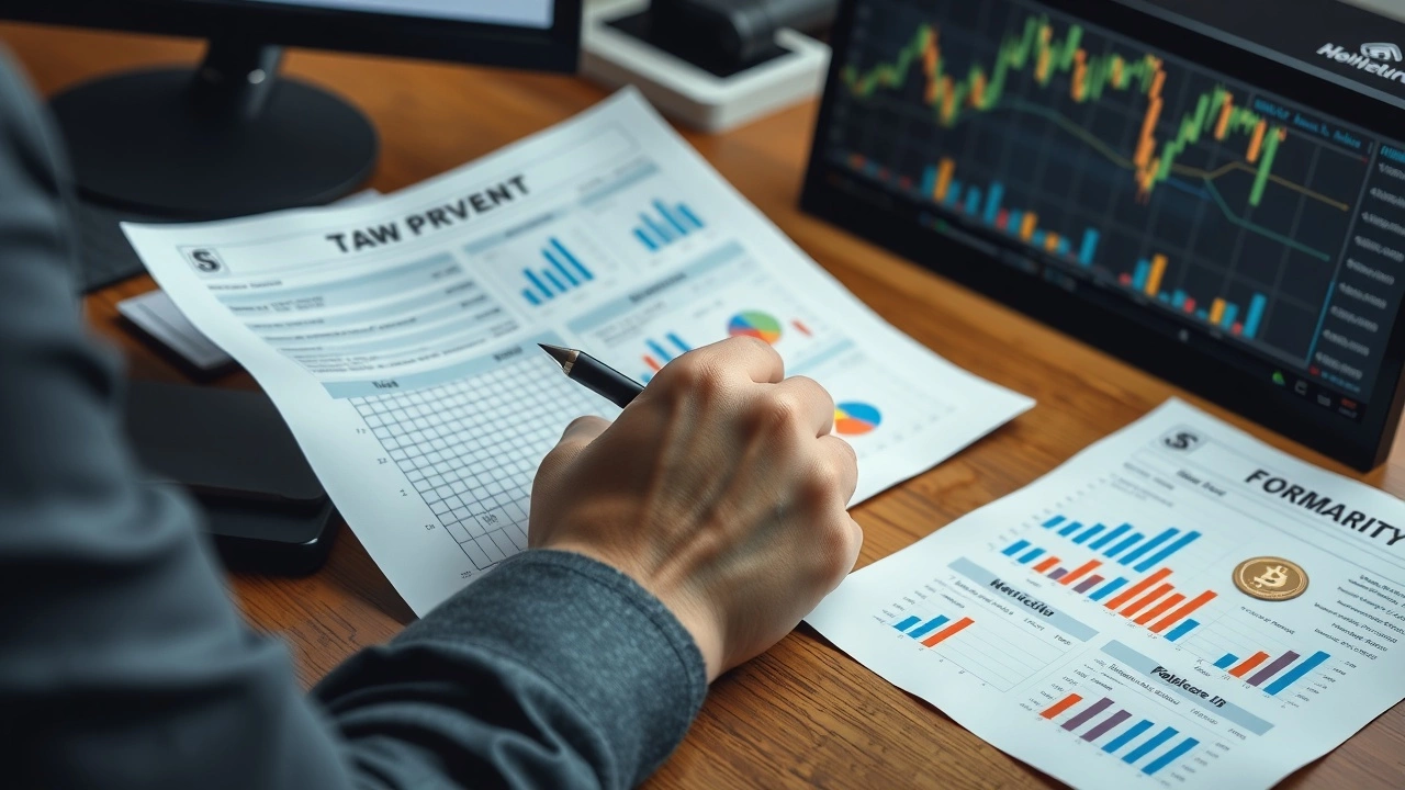 person examine des documents fiscaux et graphiques de cryptomonnaie