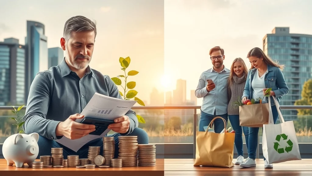 Illustration d'une personne examinant des finances à côté d'une famille consommant de manière responsable.