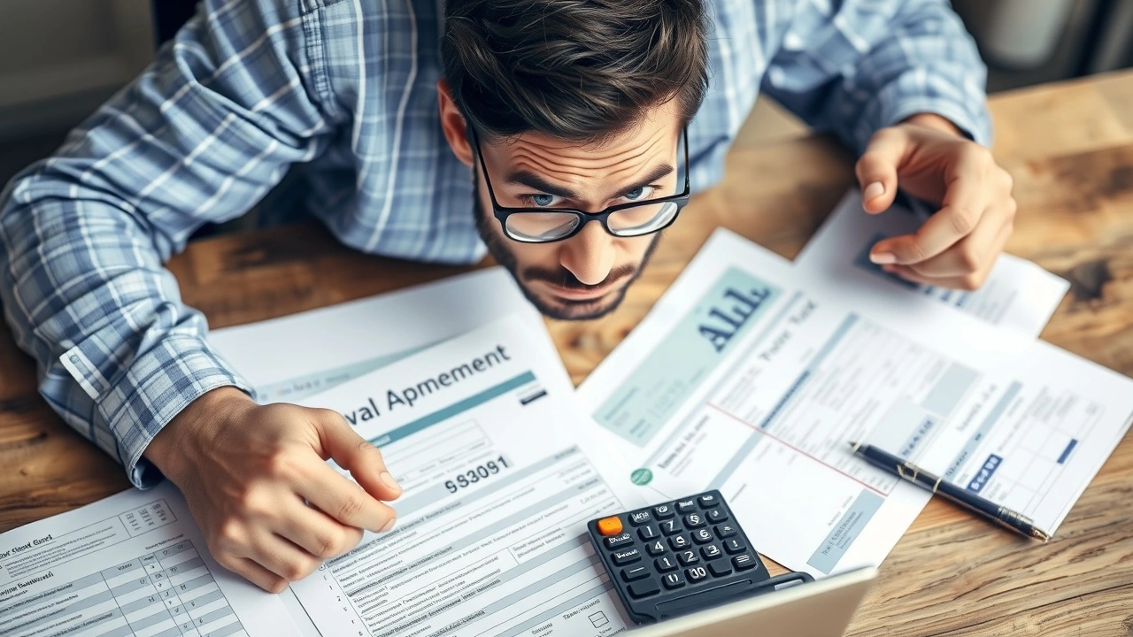 proprietaire inquiet avec documents fiscaux et calculatrice