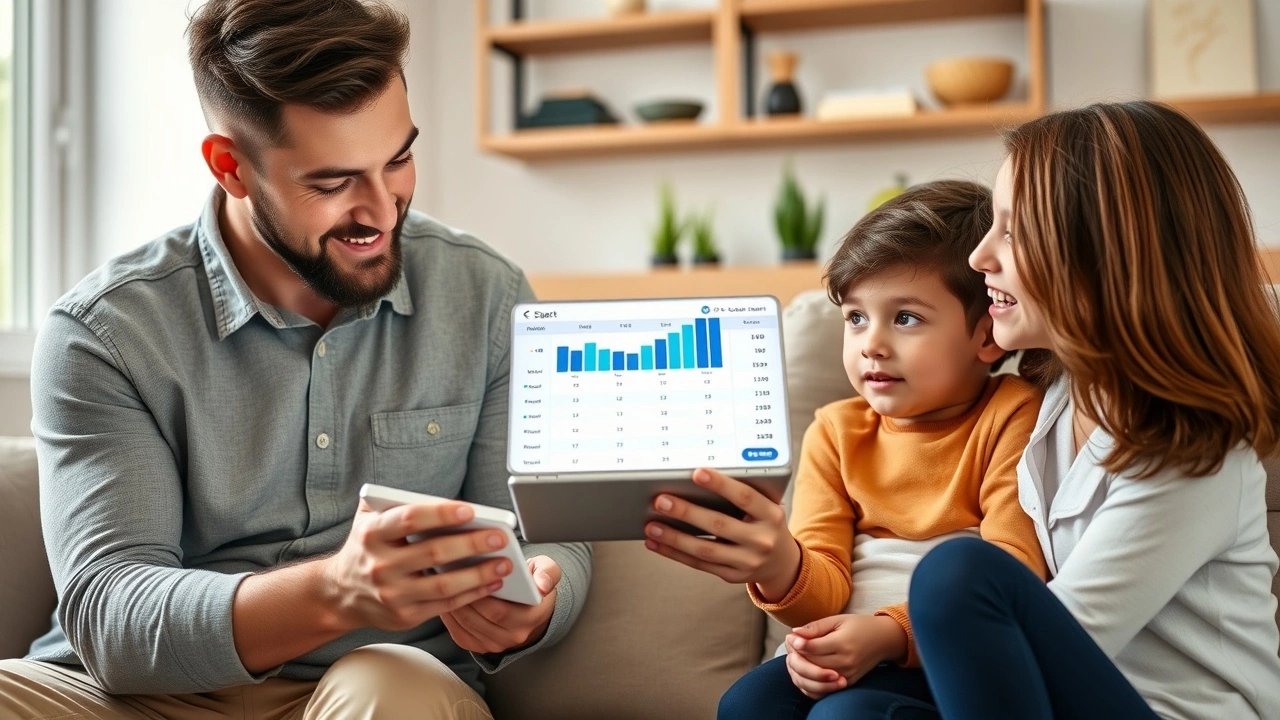 famille utilisant une application de budget sur une tablette