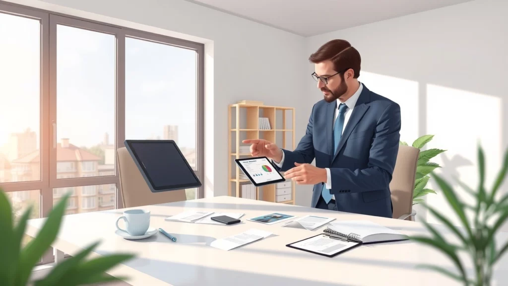 Illustration d'un propriétaire consultant un conseiller financier sur la TVA immobilière dans un bureau moderne.