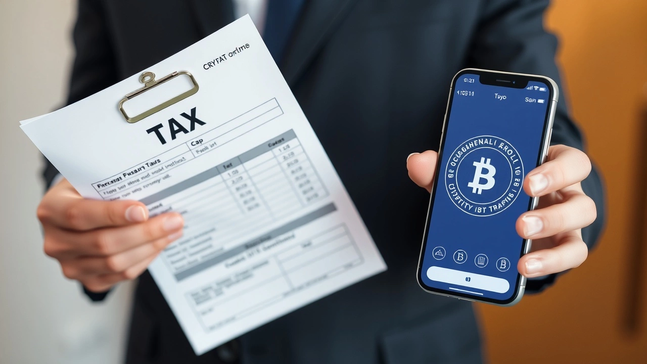 person tenant un formulaire fiscal et un smartphone avec crypto-actifs