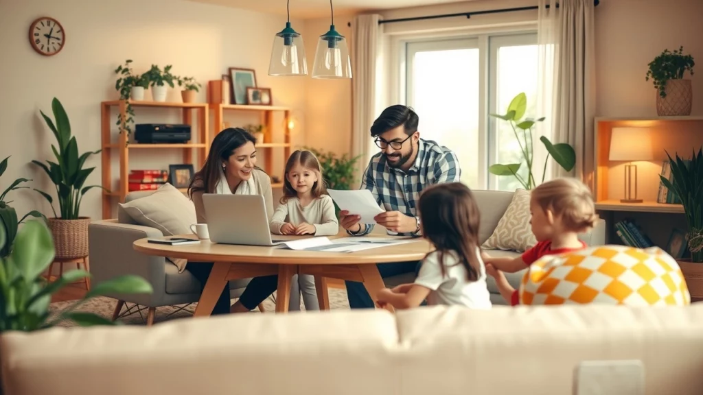 Une scène familiale discutant de la gestion des finances dans un salon moderne.