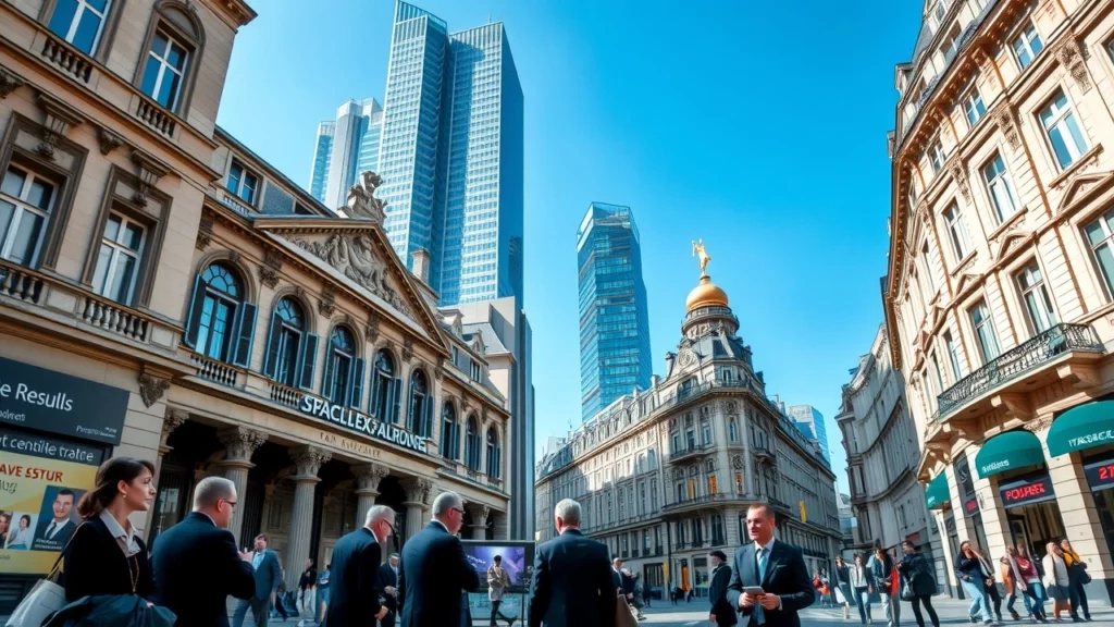 Une illustration photoréaliste du district financier en France montrant des investisseurs et des écrans financiers.
