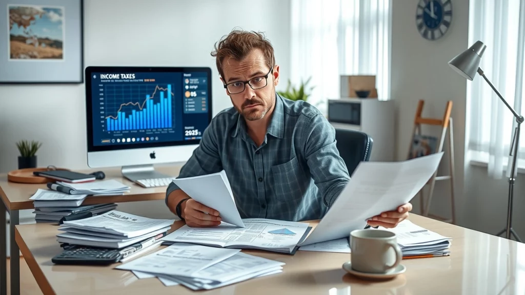 Une personne examinant des documents fiscaux avec souci en 2025.
