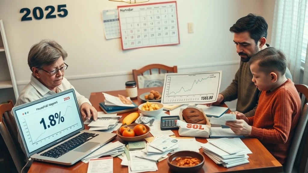 Une famille préoccupée par leur budget en 2025, entourée de factures et d'éléments illustrant l'inflation.