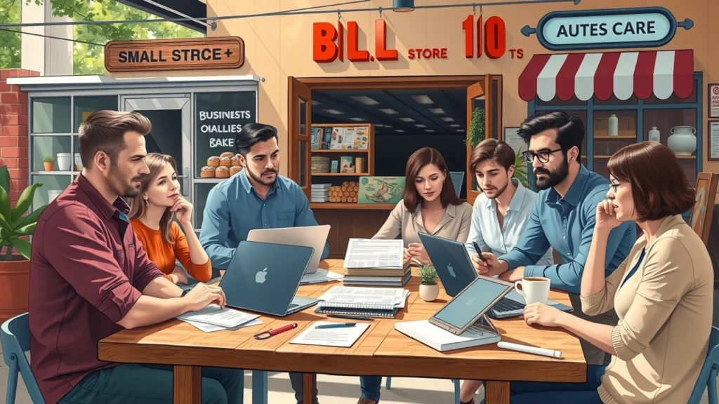 Une illustration photoréaliste montrant l'impact de la réforme fiscale sur les petites entreprises, avec des entrepreneurs en discussion.