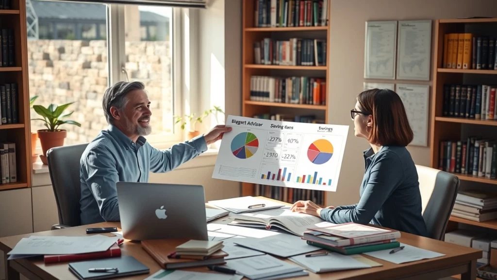 Une image d'un conseiller financier et d'un client discutant de l'optimisation des économies.