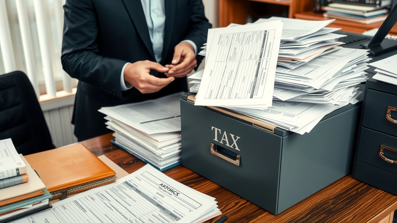 person organisant des documents fiscaux sur un bureau