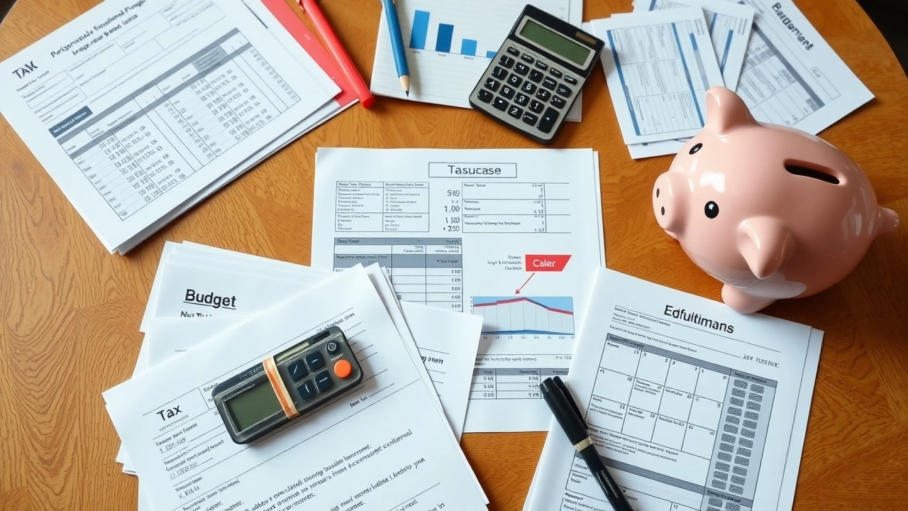 table avec documents de budget personnel et formulaires fiscaux