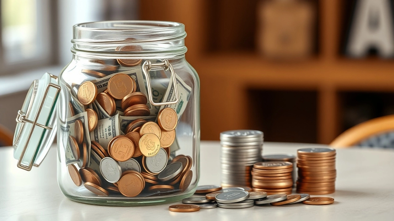 un bocal d'épargne d'urgence rempli de billets et de pièces