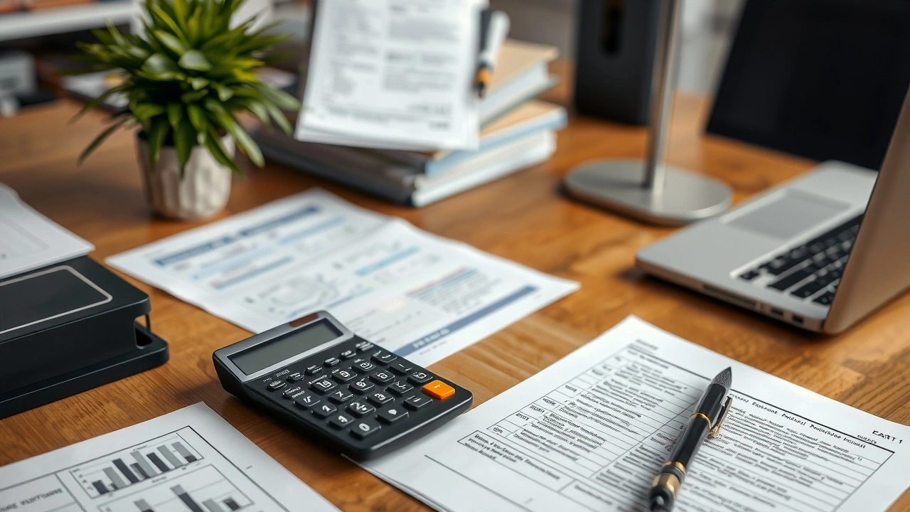 bureau avec documents et ordinateur portable