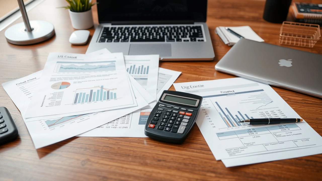 bureau moderne avec documents financiers et ordinateur portable