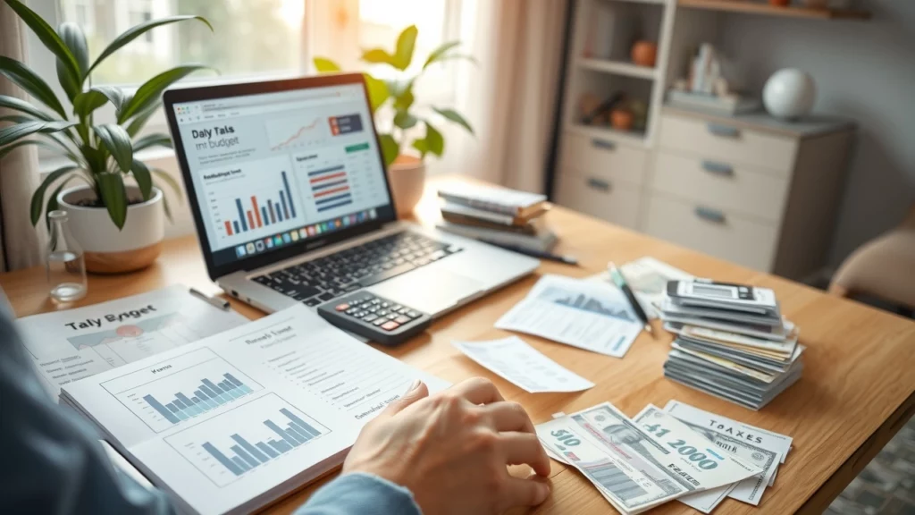 Une illustration d'un bureau bien organisé où une personne gère son budget quotidien.