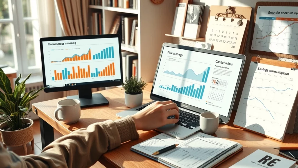 Une scène réaliste d'un bureau à domicile organisé, illustrant l'épargne et la consommation raisonnée.