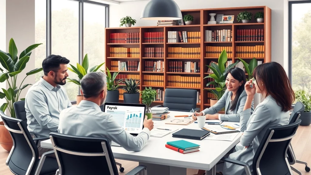 Une illustration montrant des employeurs discutant de la taxe sur les salaires dans un bureau moderne.