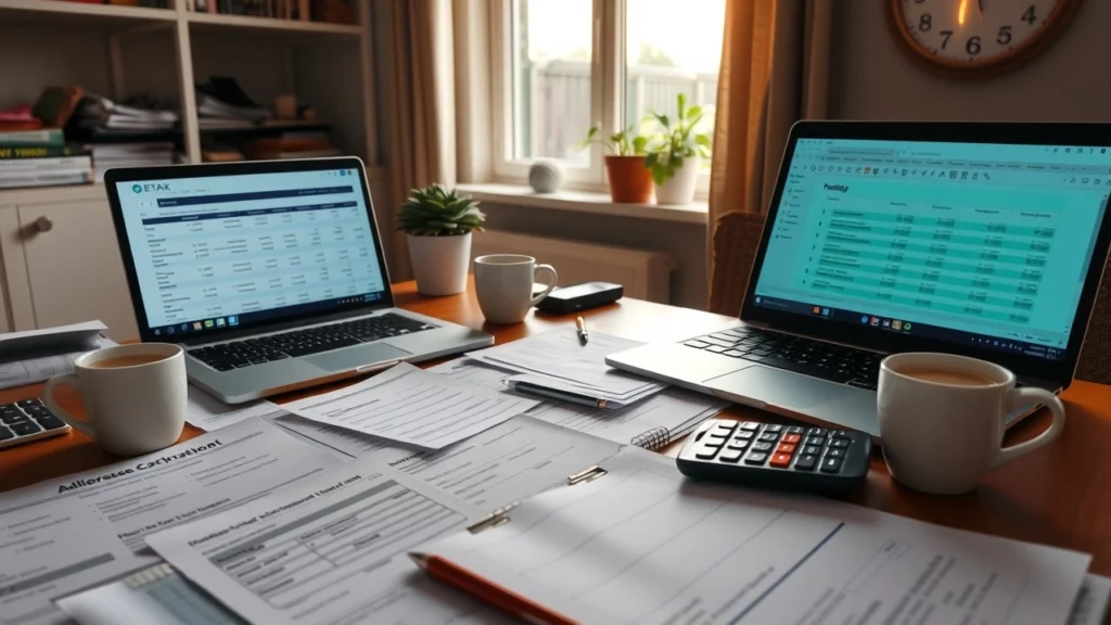 Une scène de bureau à domicile avec des documents fiscaux organisés sur un bureau