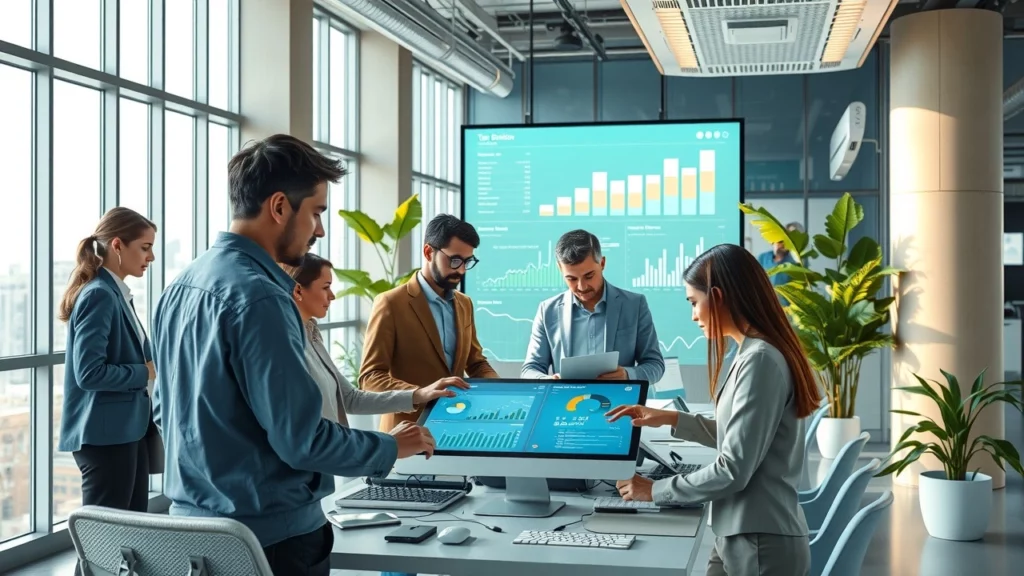 Un bureau futuriste avec des travailleurs utilisant la technologie pour la planification financière.