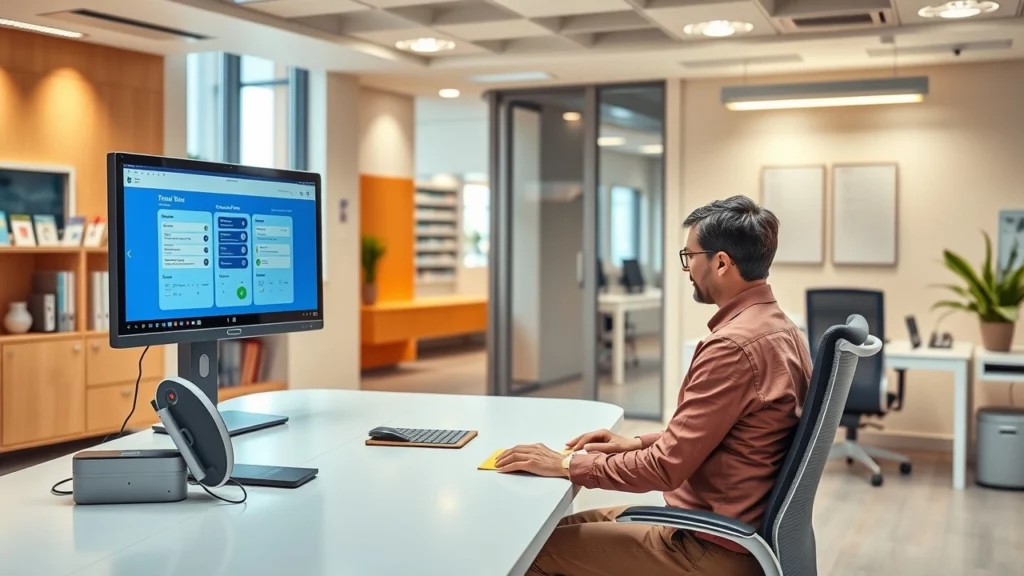 Bureau moderne avec une personne utilisant un écran pour déclarer l'impôt sur le revenu dans le cadre de la réforme de 2025.