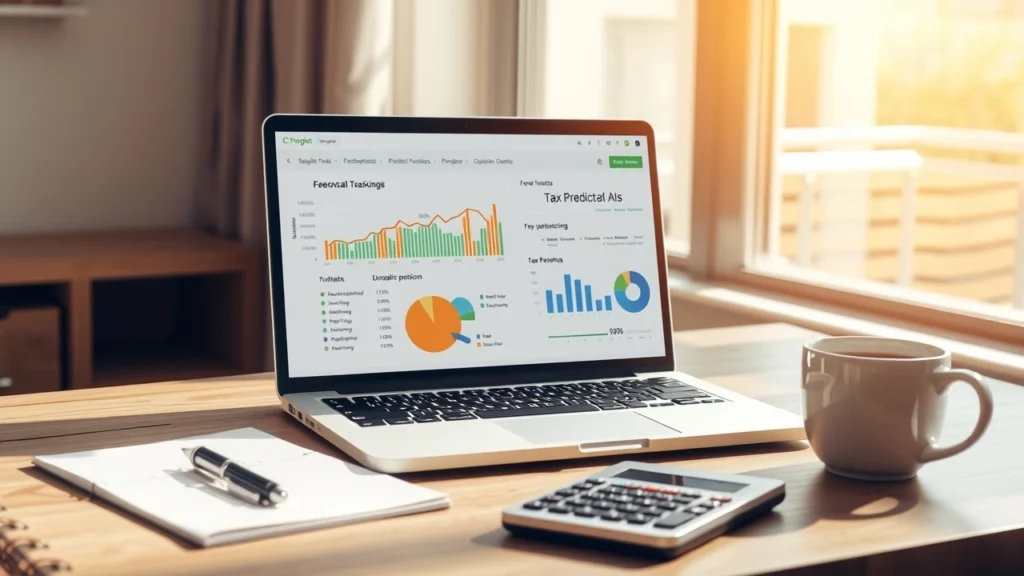 Bureau moderne avec ordinateur et application de gestion financière.