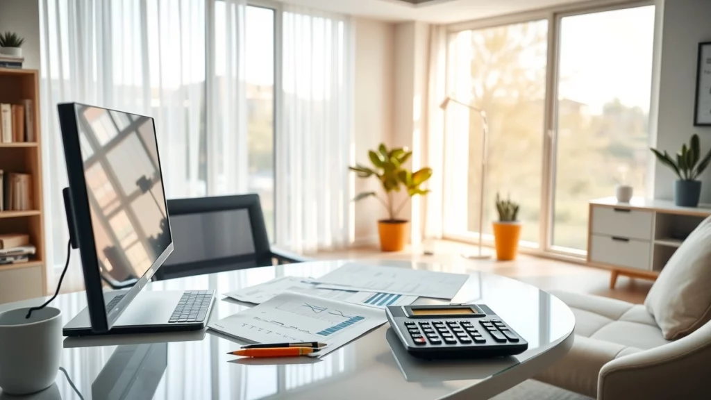 Un bureau moderne avec des documents fiscaux et des outils pour optimiser la déclaration d'impôts.