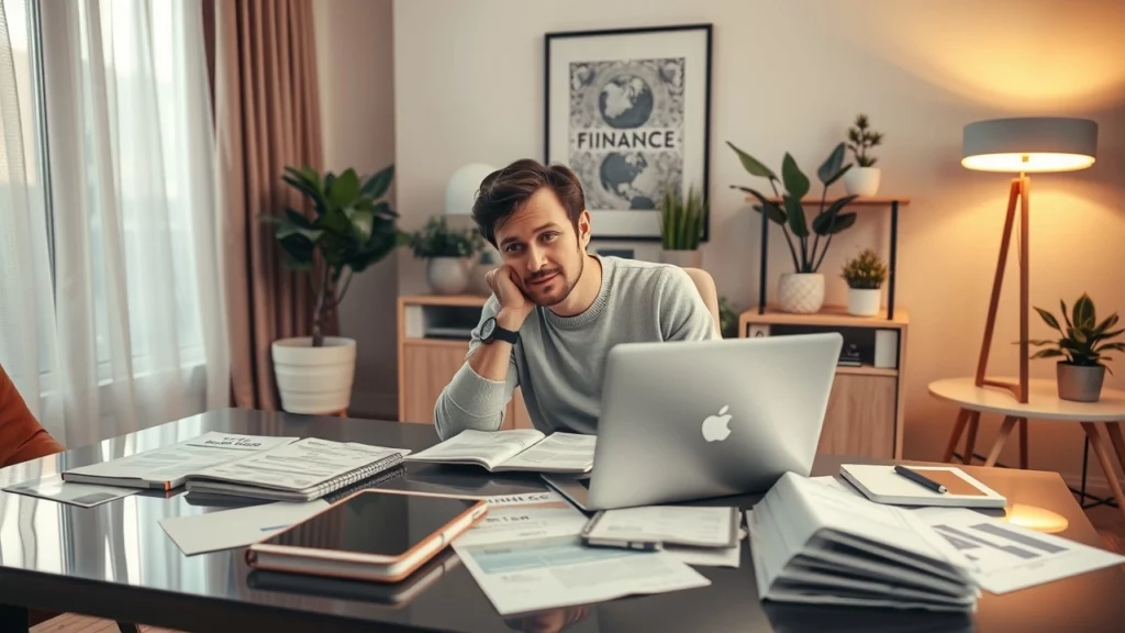 Bureau moderne avec documents financiers et une personne en train de réfléchir sur ses dépenses.