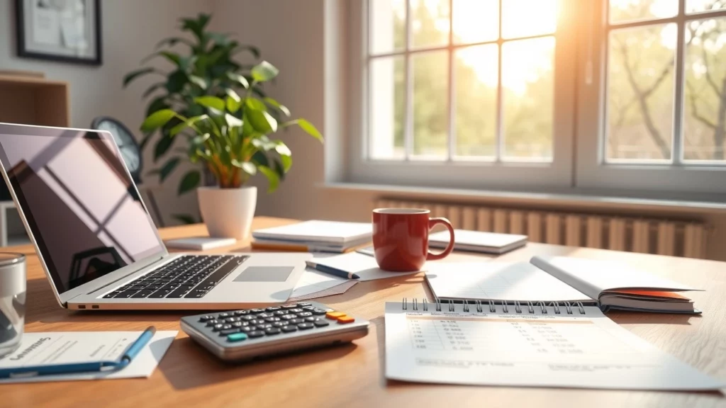 Un bureau bien organisé avec un ordinateur portable et des documents financiers.