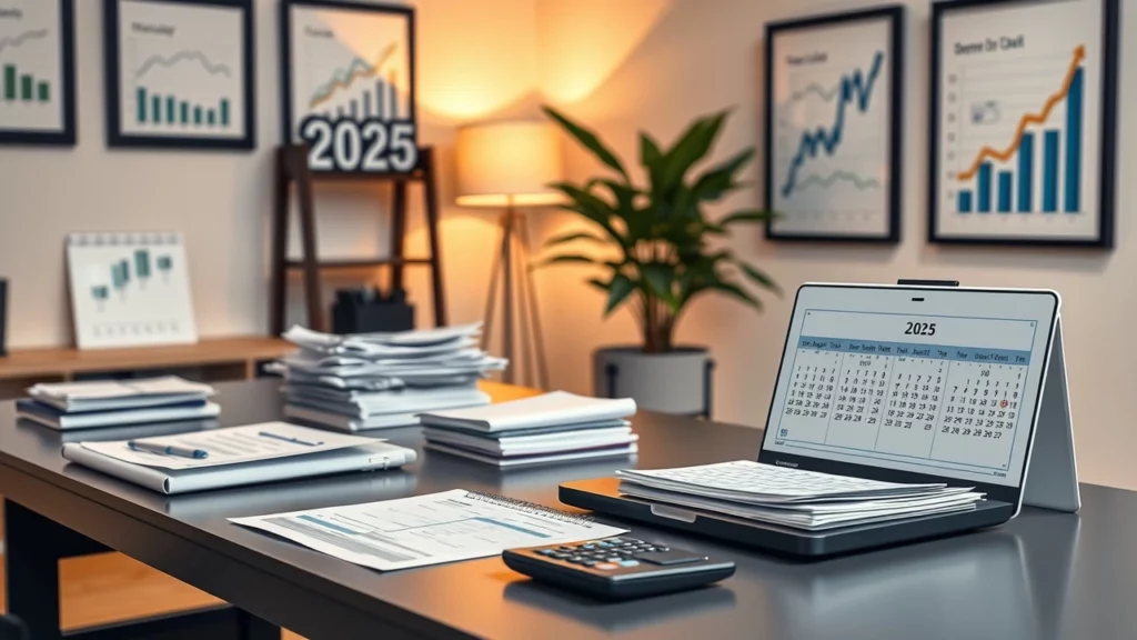 Bureau moderne avec ordinateur, documents fiscaux et décorations financières.