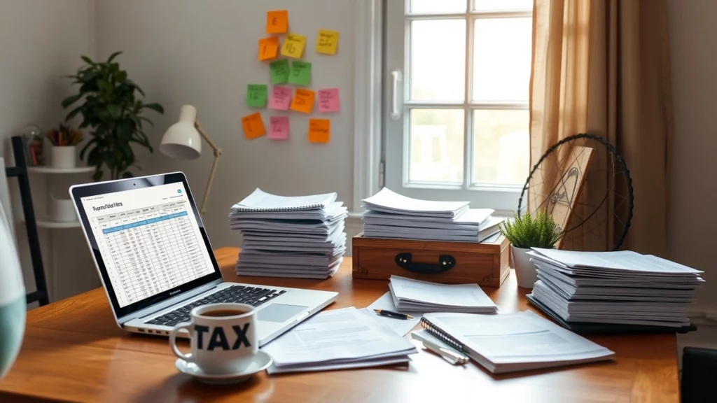 Un bureau à domicile organisé avec un ordinateur portable et des documents pour la déclaration de revenus.