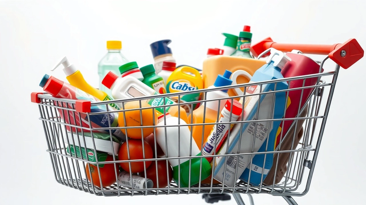 un caddie rempli de produits d'épicerie