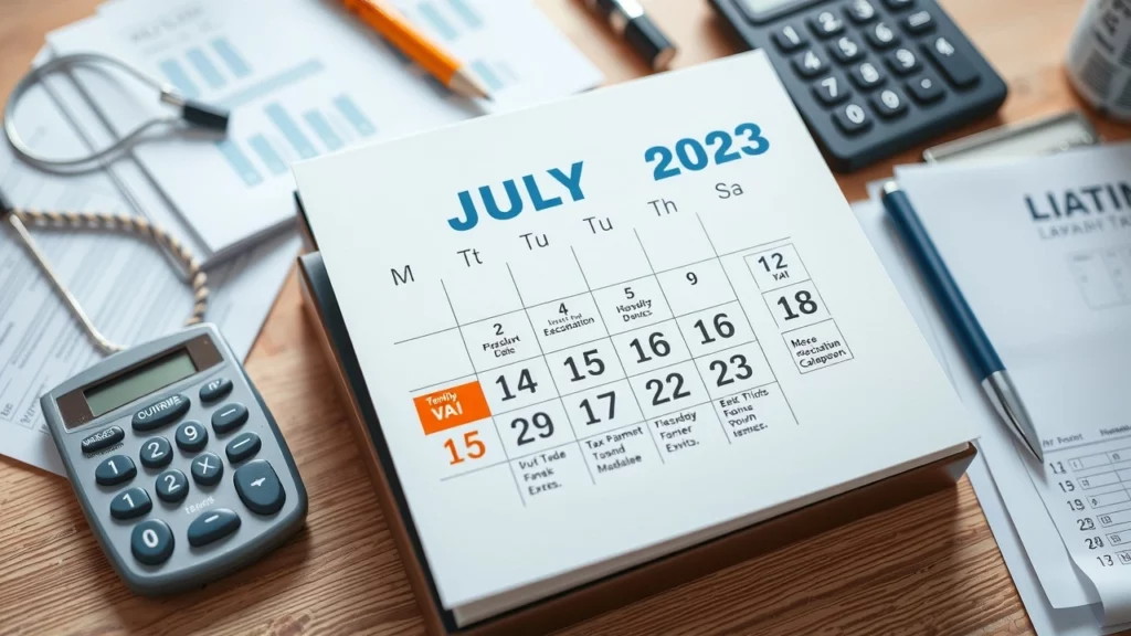 Calendrier photorealiste pour juillet 2025 avec dates importantes pour la declaration et le paiement des impots.