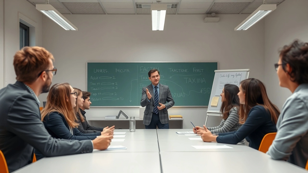 salle de classe avec étudiants et enseignant débattant sur la taxe