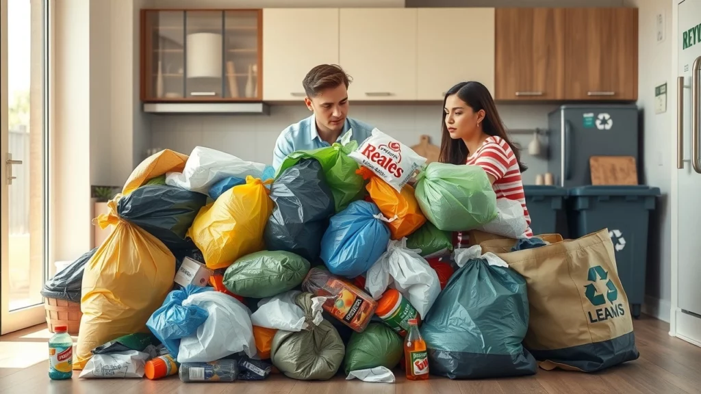 Une famille dans une cuisine moderne, examinant des sacs de déchets ménagers triés pour le recyclage et les ordures.