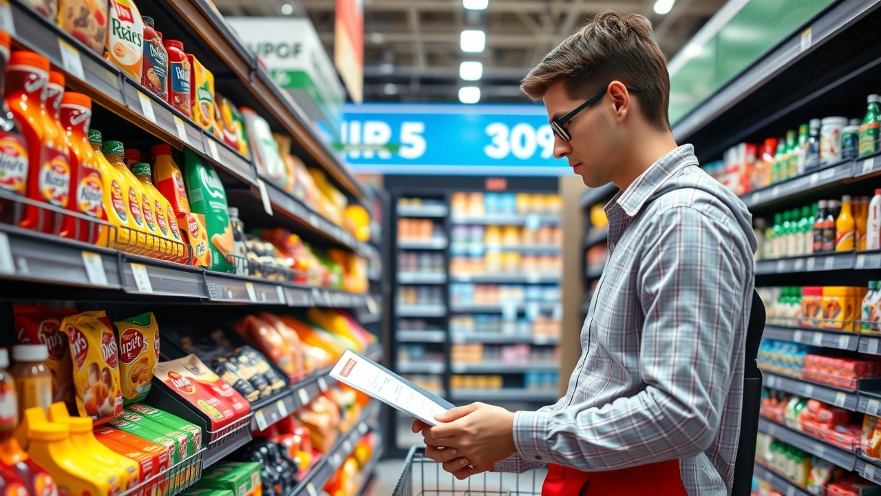 consommateur comparant des prix au supermarché