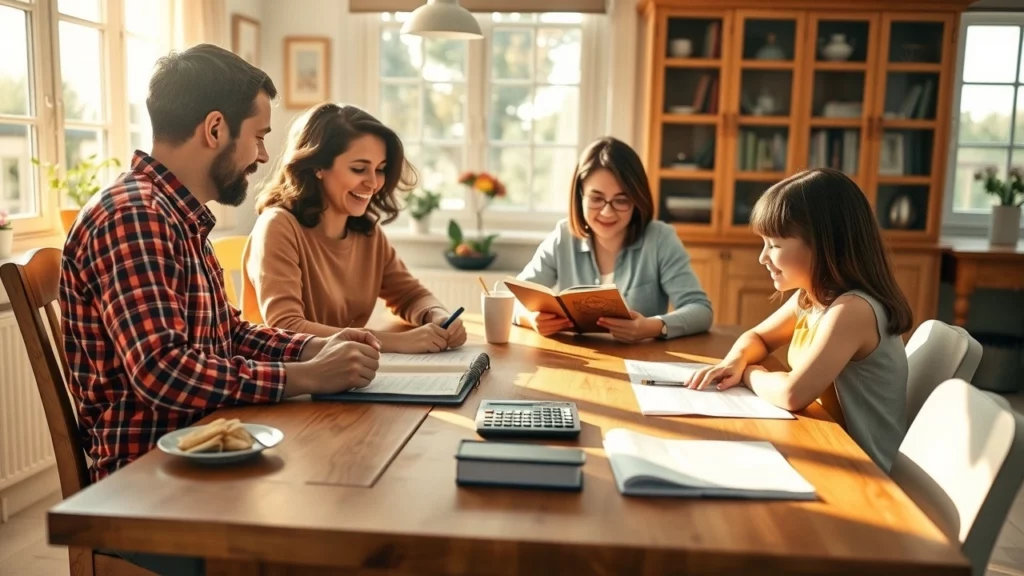Une image montrant une famille discutant de leur budget quotidien avec sérieux.