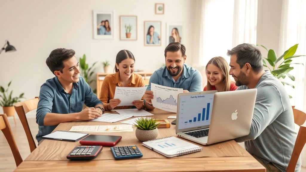 Une image montrant une famille moderne discutant de la gestion financière autour d'une table, avec des documents et un ordinateur portable.
